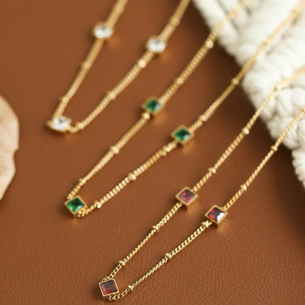 18k Gold plated stainless cubic zirconia ruby diamond Gemstone dainty Necklace